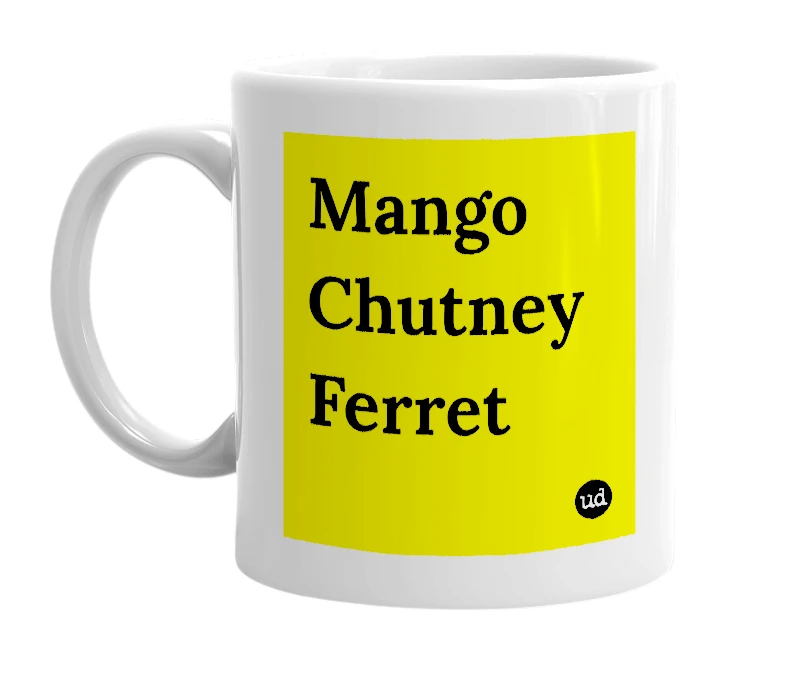 White mug with 'Mango Chutney Ferret' in bold black letters