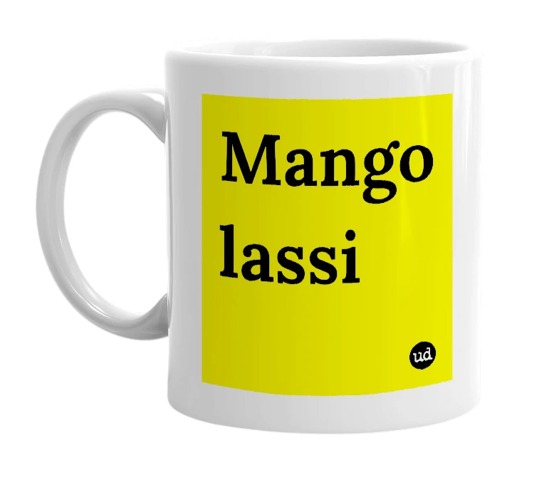 White mug with 'Mango lassi' in bold black letters