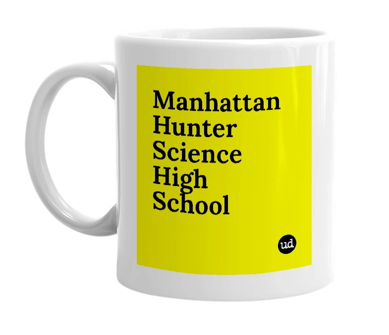 White mug with 'Manhattan Hunter Science High School' in bold black letters