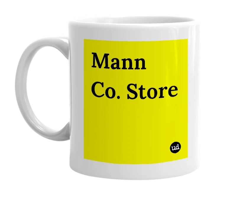 White mug with 'Mann Co. Store' in bold black letters