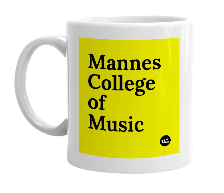 White mug with 'Mannes College of Music' in bold black letters