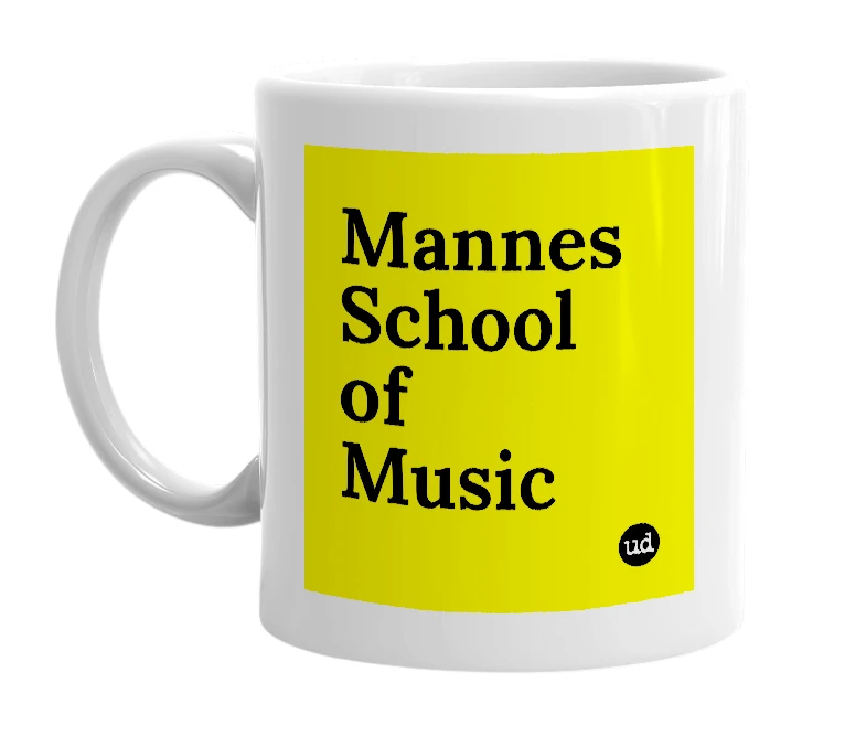 White mug with 'Mannes School of Music' in bold black letters