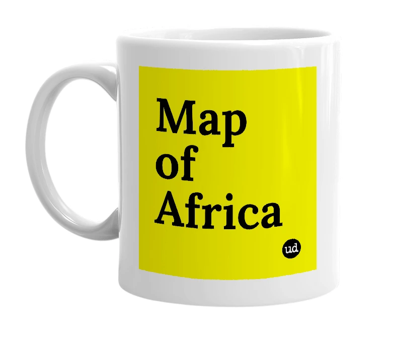 White mug with 'Map of Africa' in bold black letters