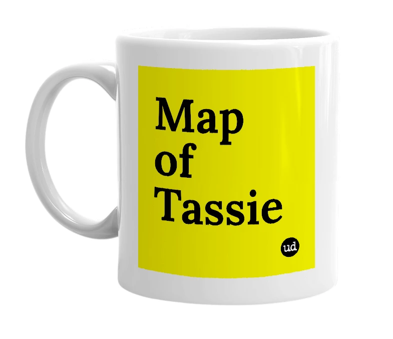 White mug with 'Map of Tassie' in bold black letters