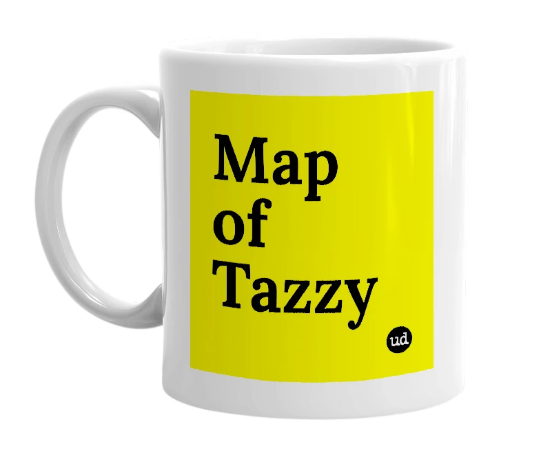 White mug with 'Map of Tazzy' in bold black letters