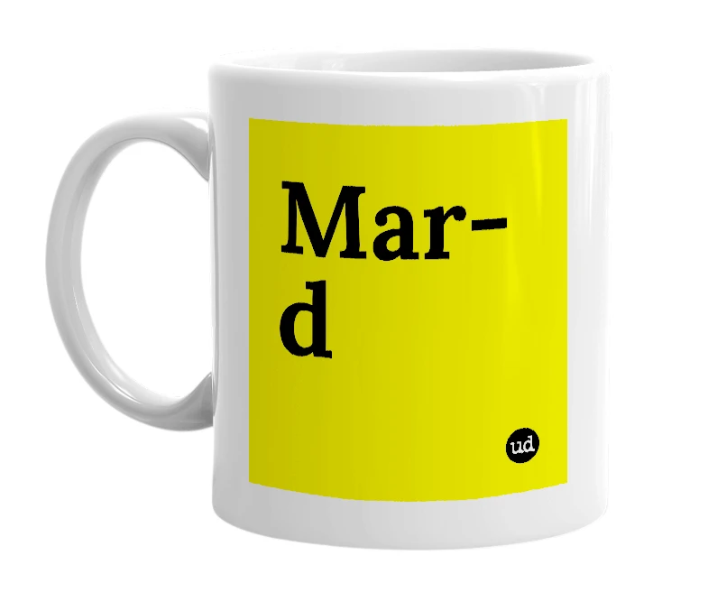 White mug with 'Mar-d' in bold black letters