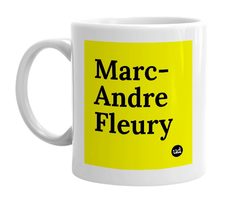 White mug with 'Marc-Andre Fleury' in bold black letters