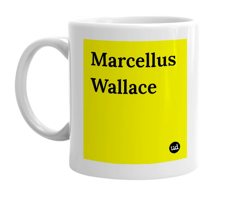 White mug with 'Marcellus Wallace' in bold black letters