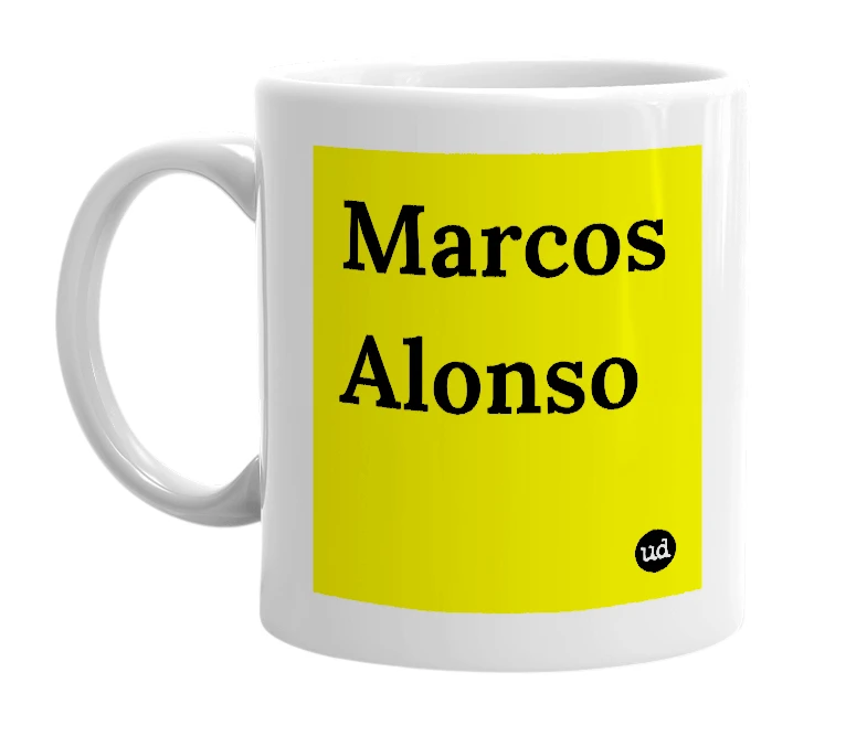 White mug with 'Marcos Alonso' in bold black letters