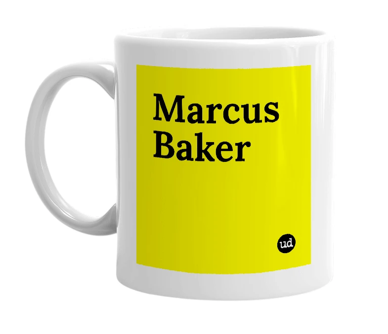 White mug with 'Marcus Baker' in bold black letters