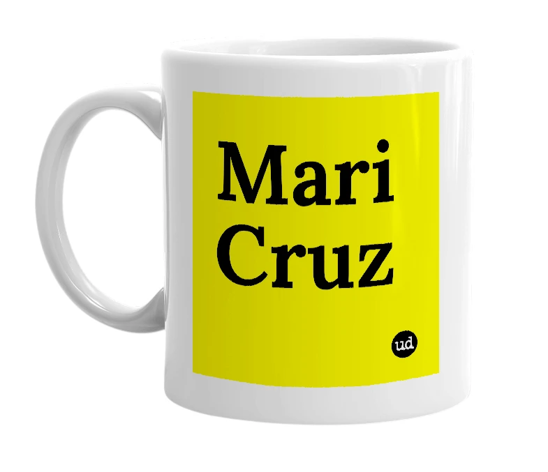White mug with 'Mari Cruz' in bold black letters