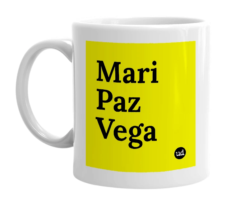 White mug with 'Mari Paz Vega' in bold black letters