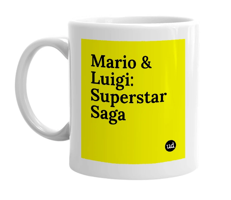 White mug with 'Mario & Luigi: Superstar Saga' in bold black letters