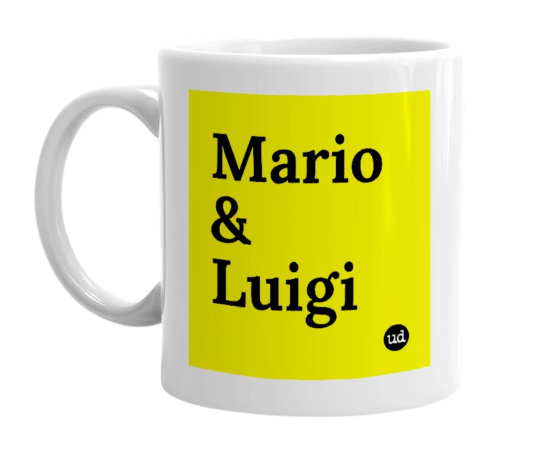 White mug with 'Mario & Luigi' in bold black letters