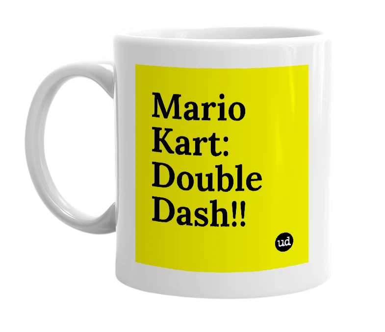 White mug with 'Mario Kart: Double Dash!!' in bold black letters