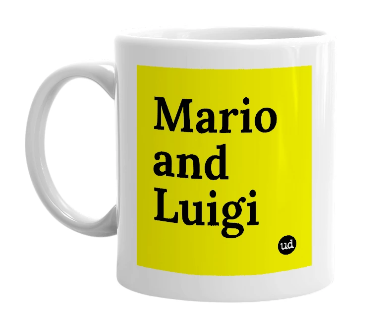 White mug with 'Mario and Luigi' in bold black letters