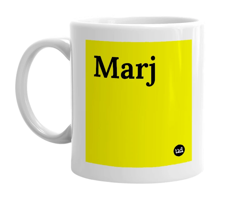 White mug with 'Marj' in bold black letters