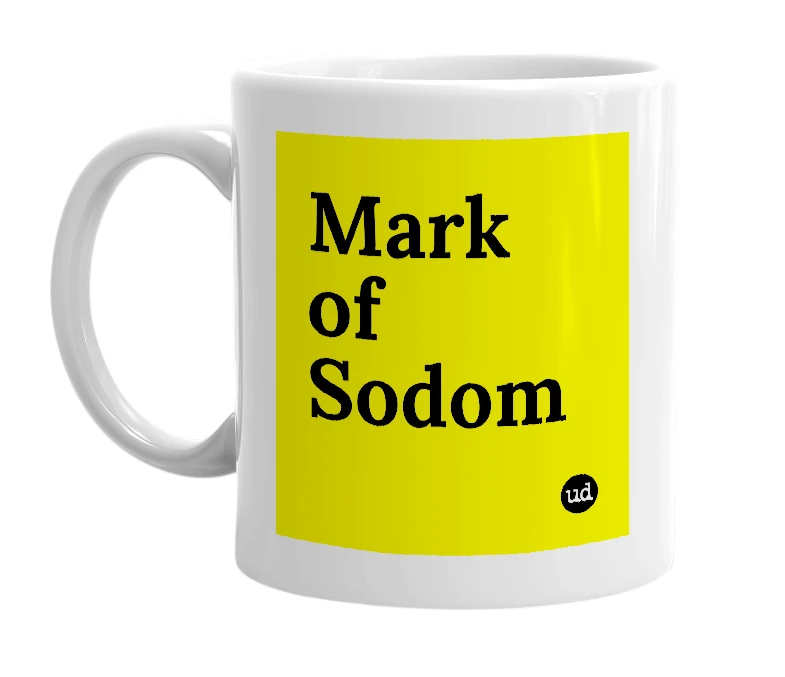 White mug with 'Mark of Sodom' in bold black letters