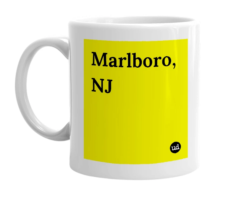 White mug with 'Marlboro, NJ' in bold black letters