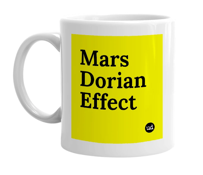White mug with 'Mars Dorian Effect' in bold black letters