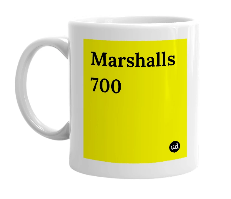 White mug with 'Marshalls 700' in bold black letters