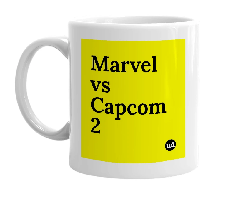 White mug with 'Marvel vs Capcom 2' in bold black letters