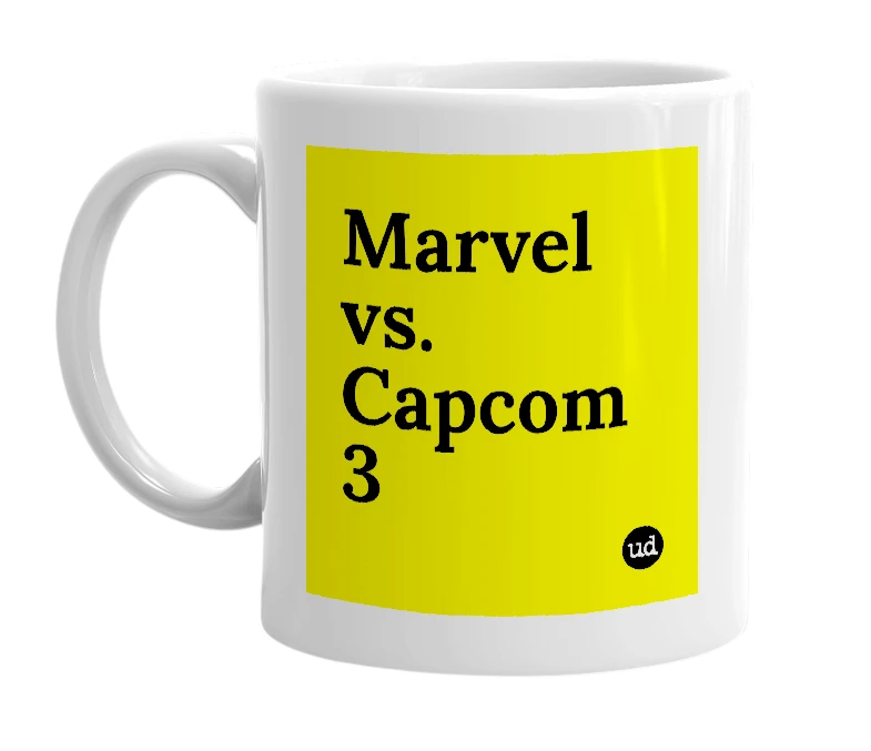 White mug with 'Marvel vs. Capcom 3' in bold black letters