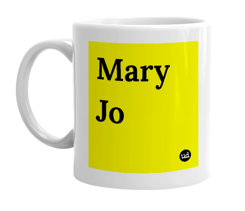 White mug with 'Mary Jo' in bold black letters