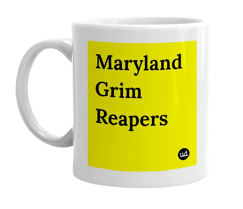 White mug with 'Maryland Grim Reapers' in bold black letters
