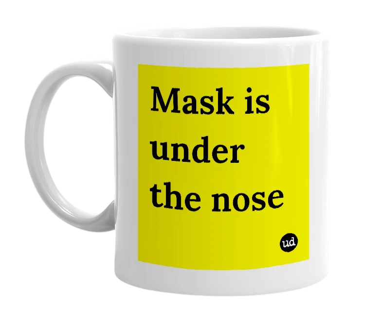 White mug with 'Mask is under the nose' in bold black letters