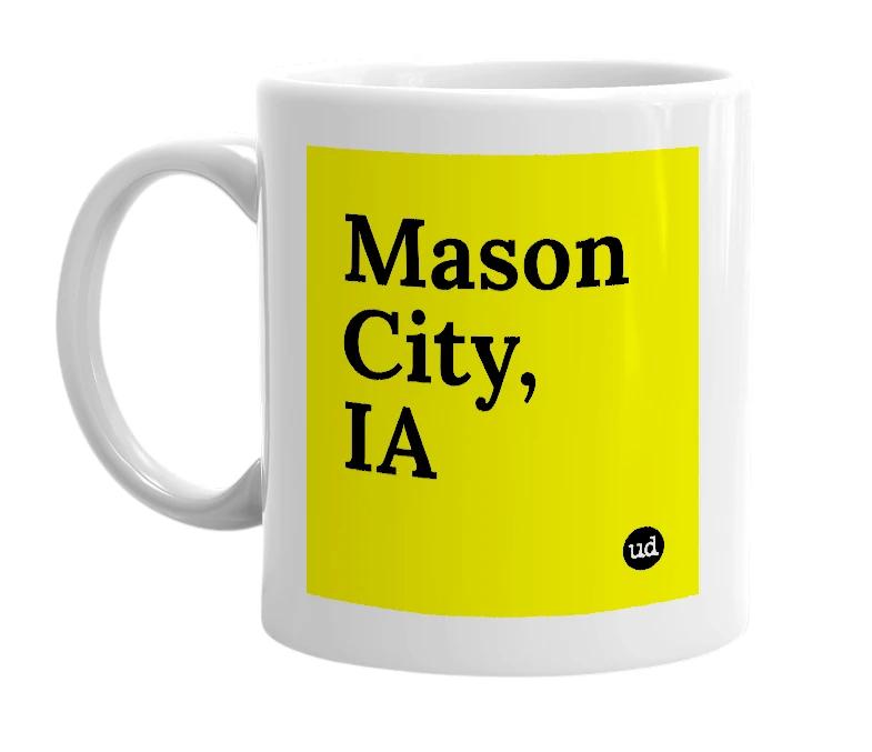 White mug with 'Mason City, IA' in bold black letters