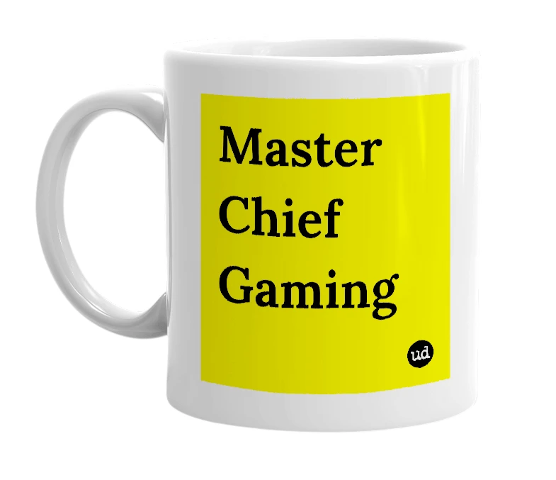 White mug with 'Master Chief Gaming' in bold black letters