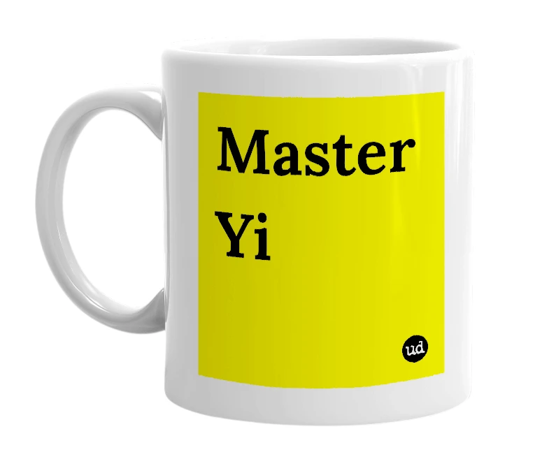 White mug with 'Master Yi' in bold black letters