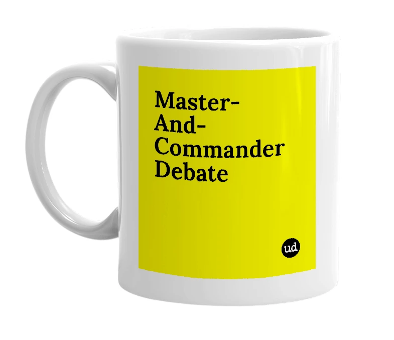 White mug with 'Master-And-Commander Debate' in bold black letters