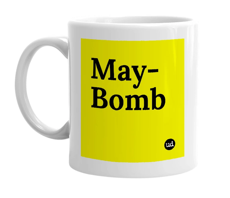 White mug with 'May-Bomb' in bold black letters