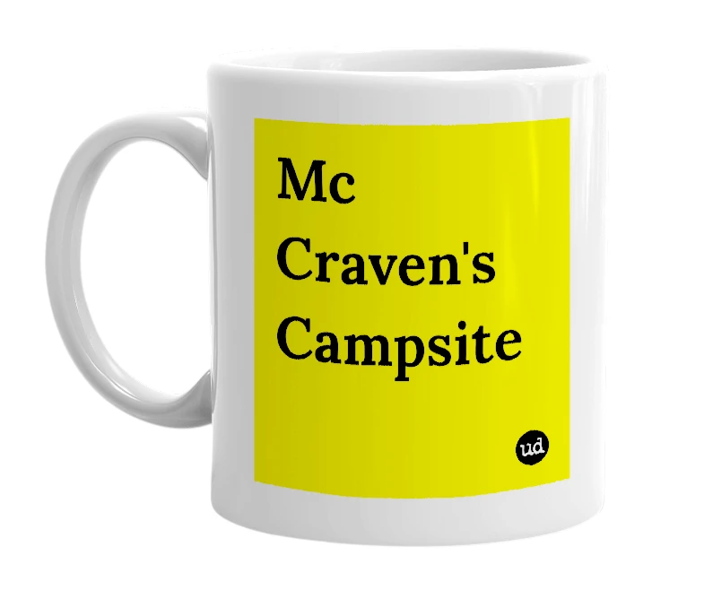 White mug with 'Mc Craven's Campsite' in bold black letters