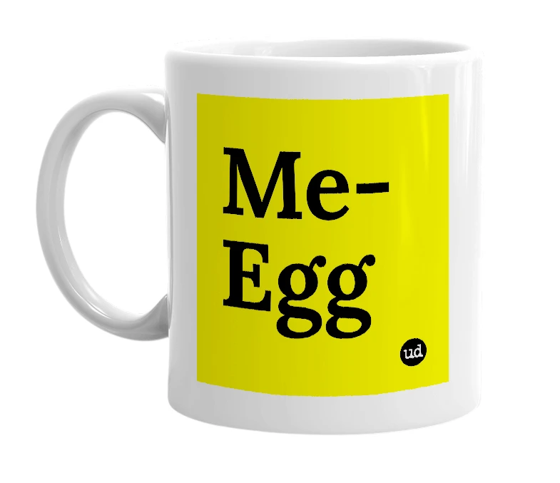 White mug with 'Me-Egg' in bold black letters