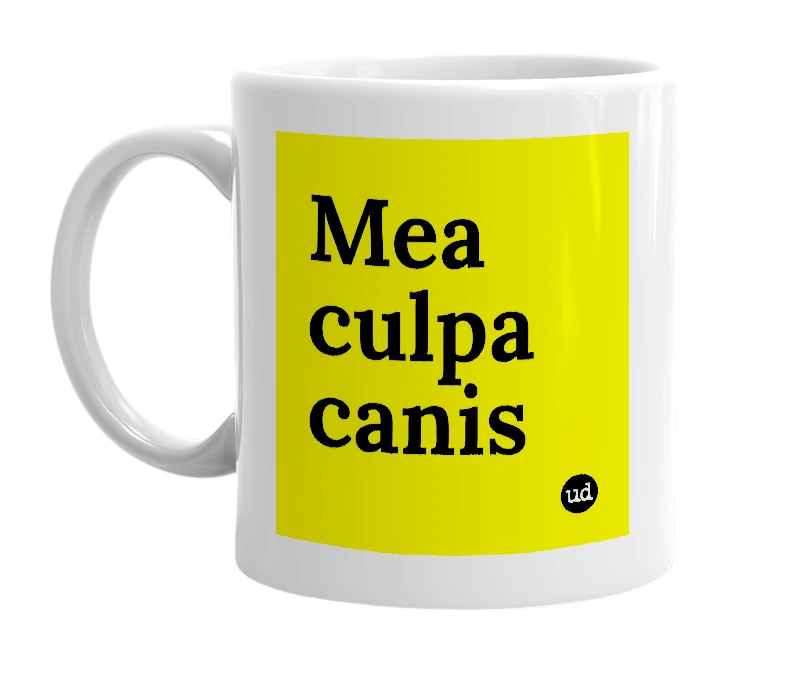 White mug with 'Mea culpa canis' in bold black letters