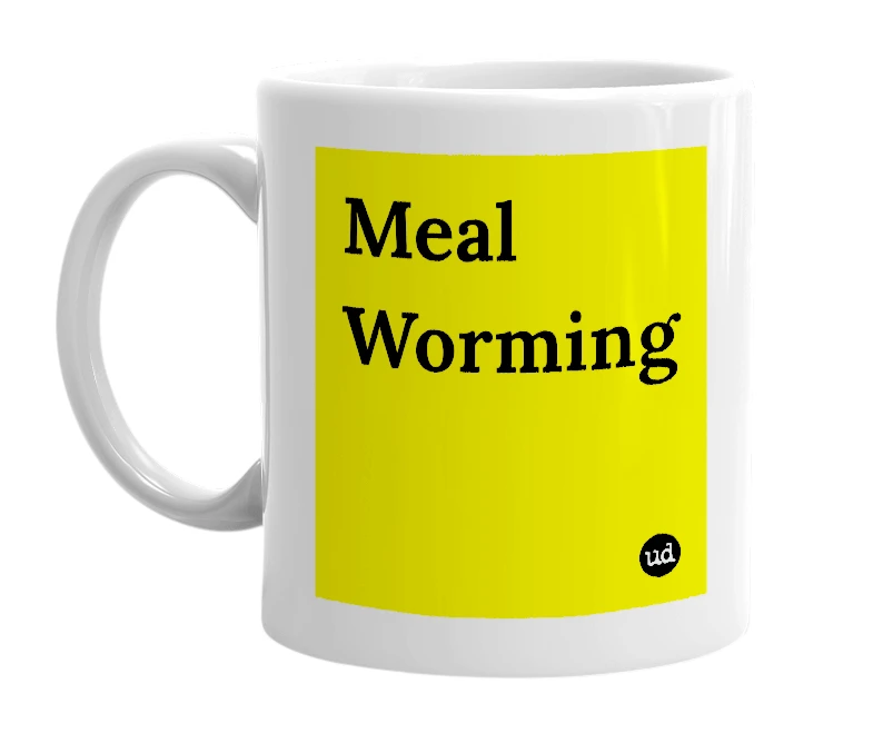 White mug with 'Meal Worming' in bold black letters