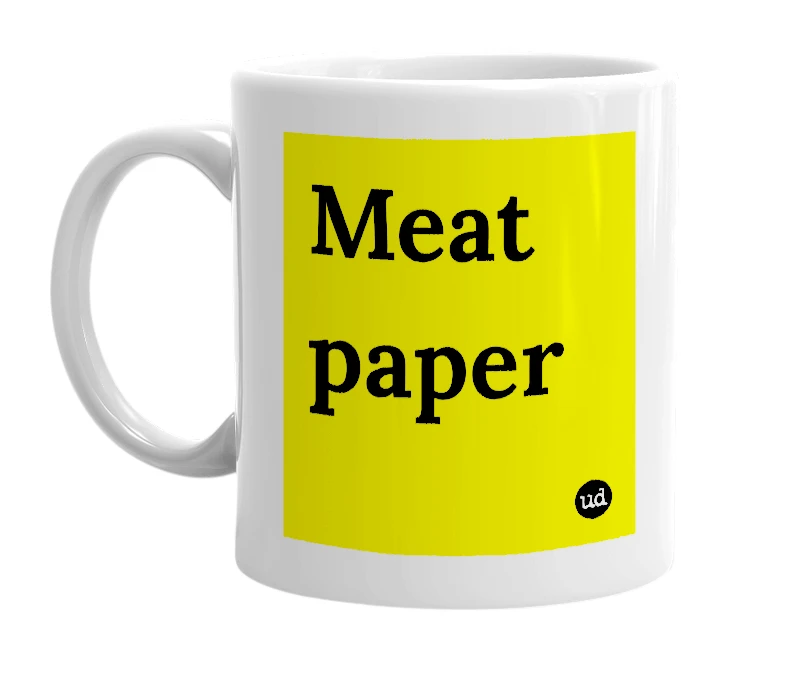 White mug with 'Meat paper' in bold black letters