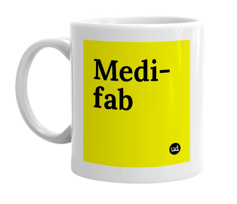 White mug with 'Medi-fab' in bold black letters