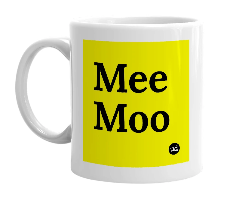White mug with 'Mee Moo' in bold black letters