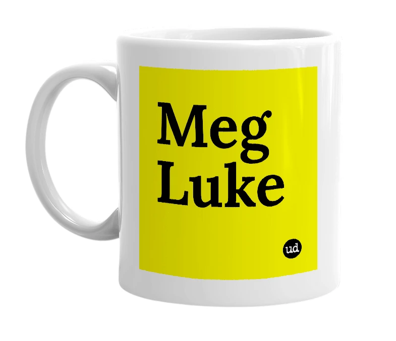 White mug with 'Meg Luke' in bold black letters
