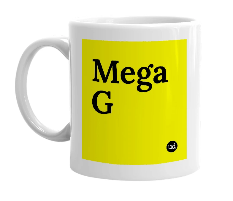White mug with 'Mega G' in bold black letters