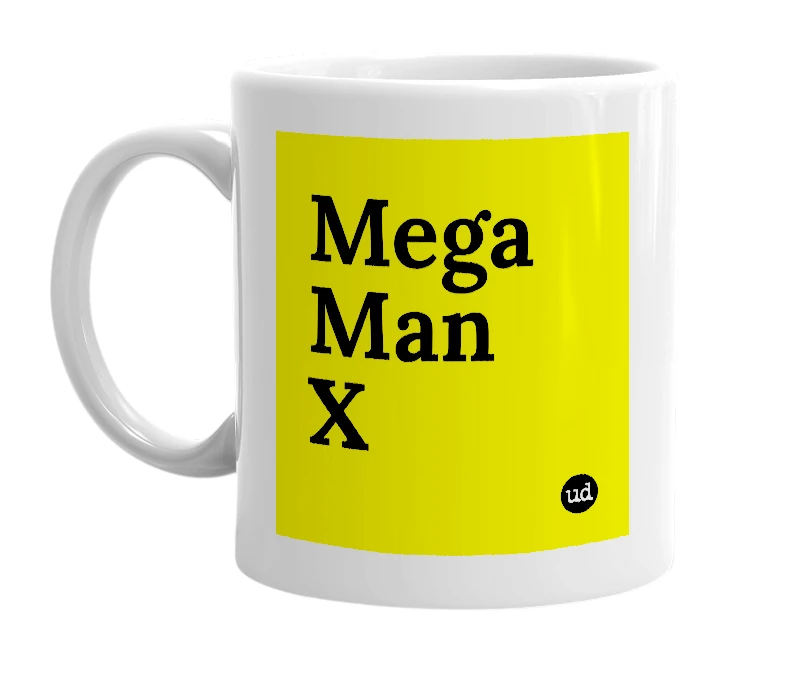 White mug with 'Mega Man X' in bold black letters