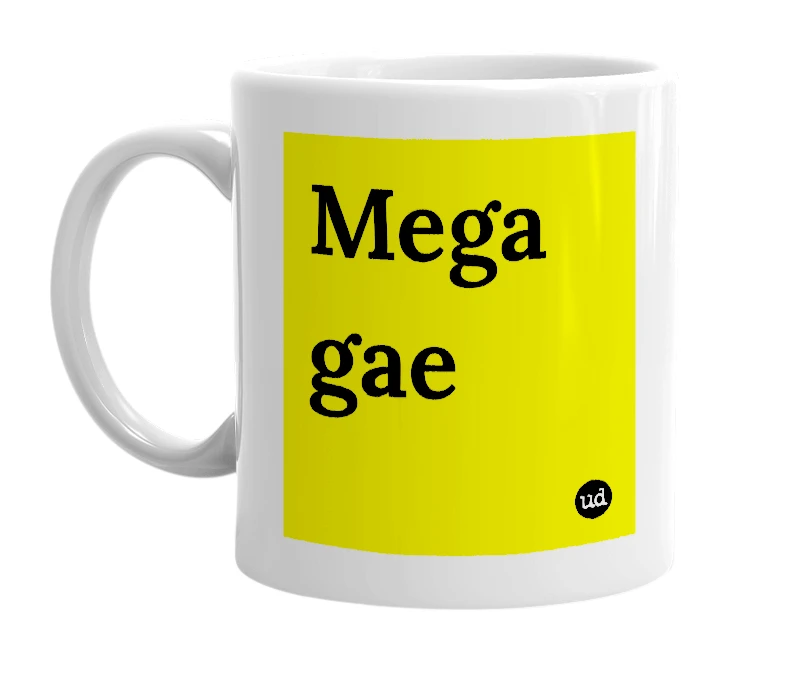 White mug with 'Mega gae' in bold black letters