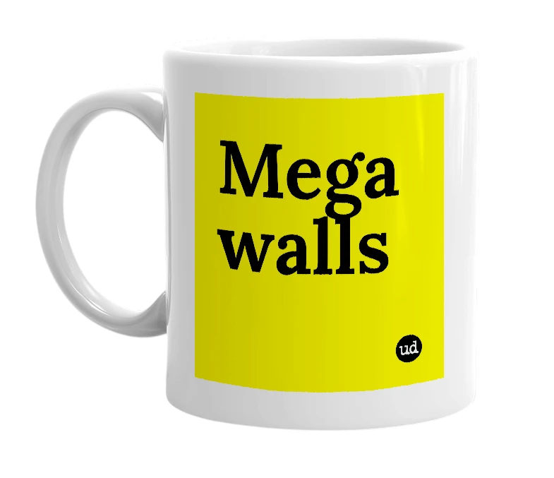 White mug with 'Mega walls' in bold black letters