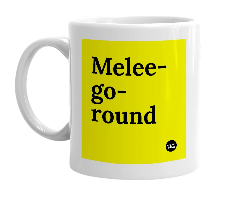 White mug with 'Melee-go-round' in bold black letters