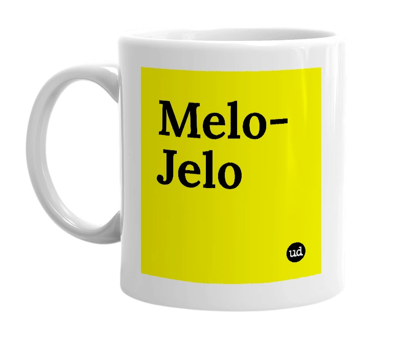 White mug with 'Melo-Jelo' in bold black letters