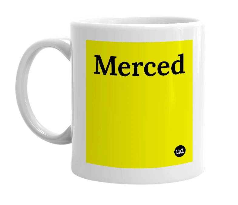 White mug with 'Merced' in bold black letters